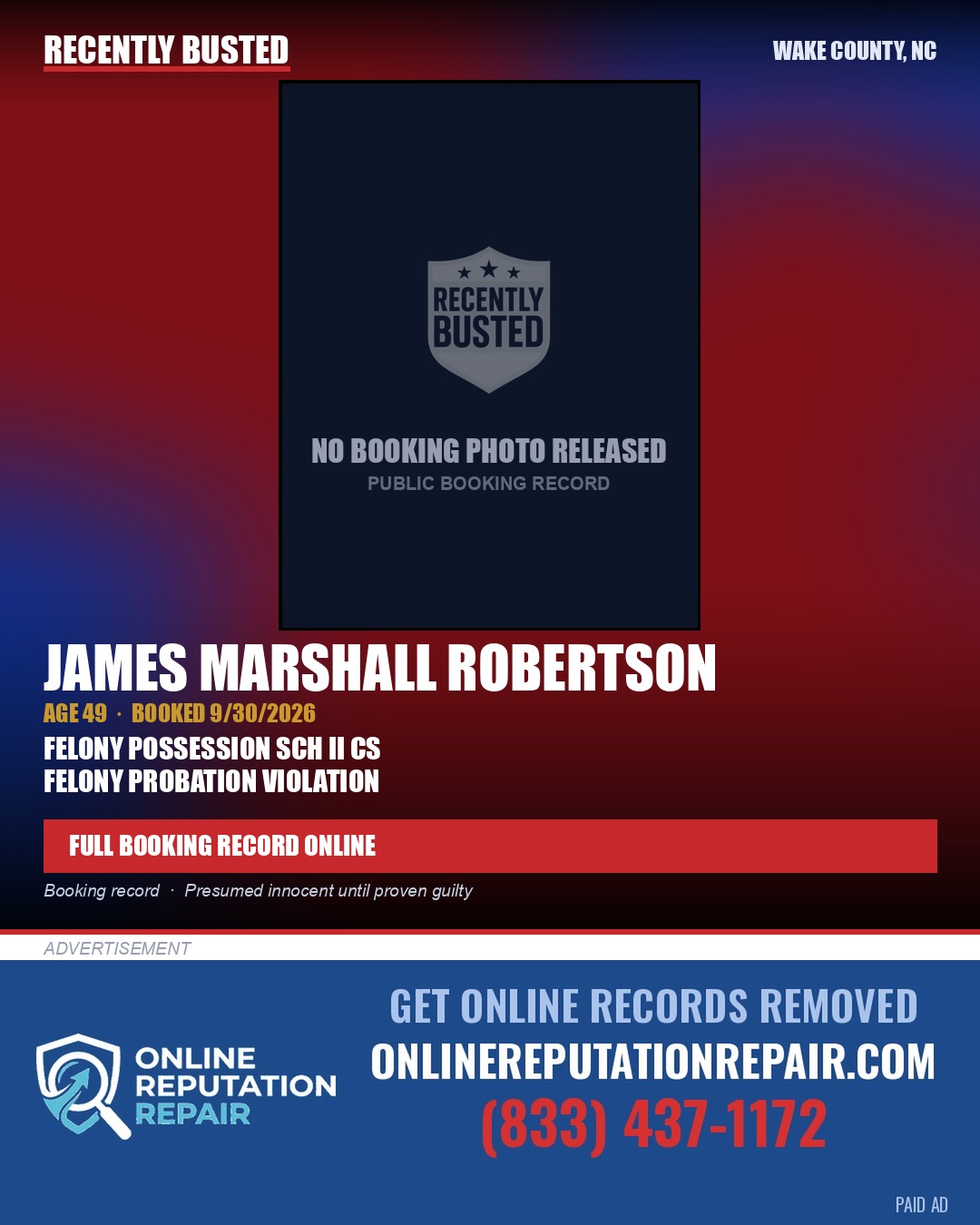 JAMES MARSHALL ROBERTSON — arrest record card, Wake County, North Carolina
