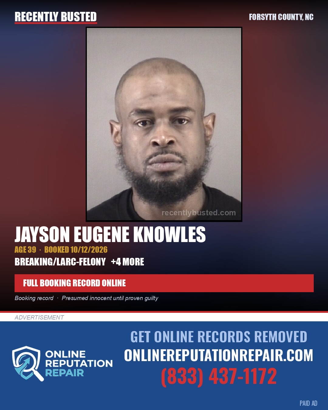 JAYSON EUGENE KNOWLES — arrest record card, Forsyth County, North Carolina