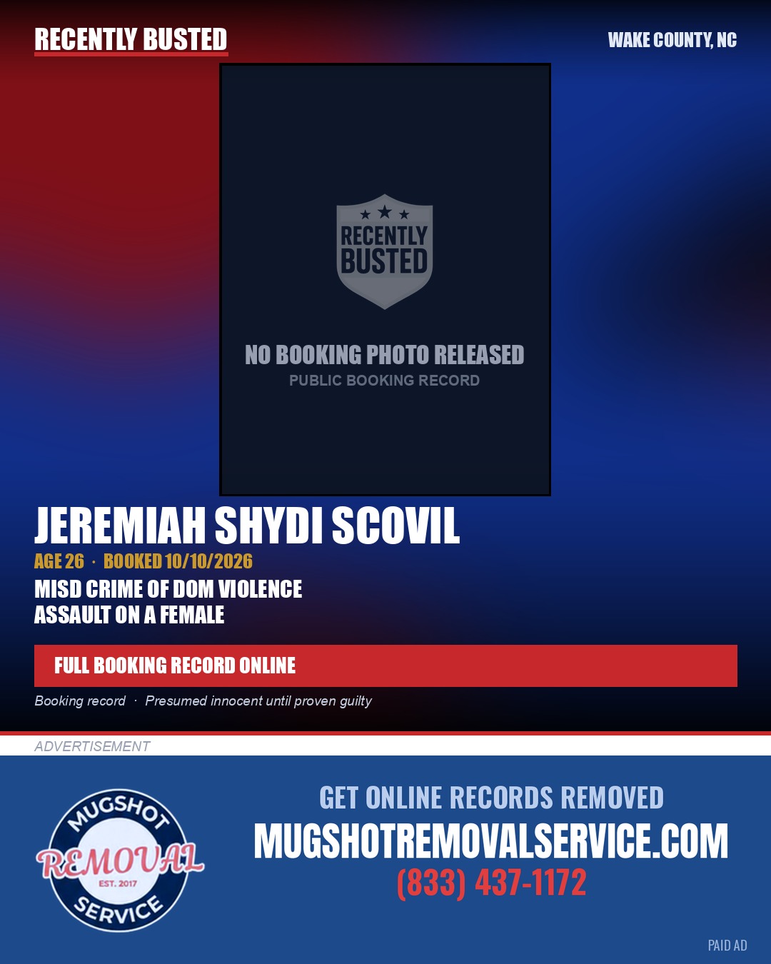 JEREMIAH SHYDI SCOVIL — arrest record card, Wake County, North Carolina