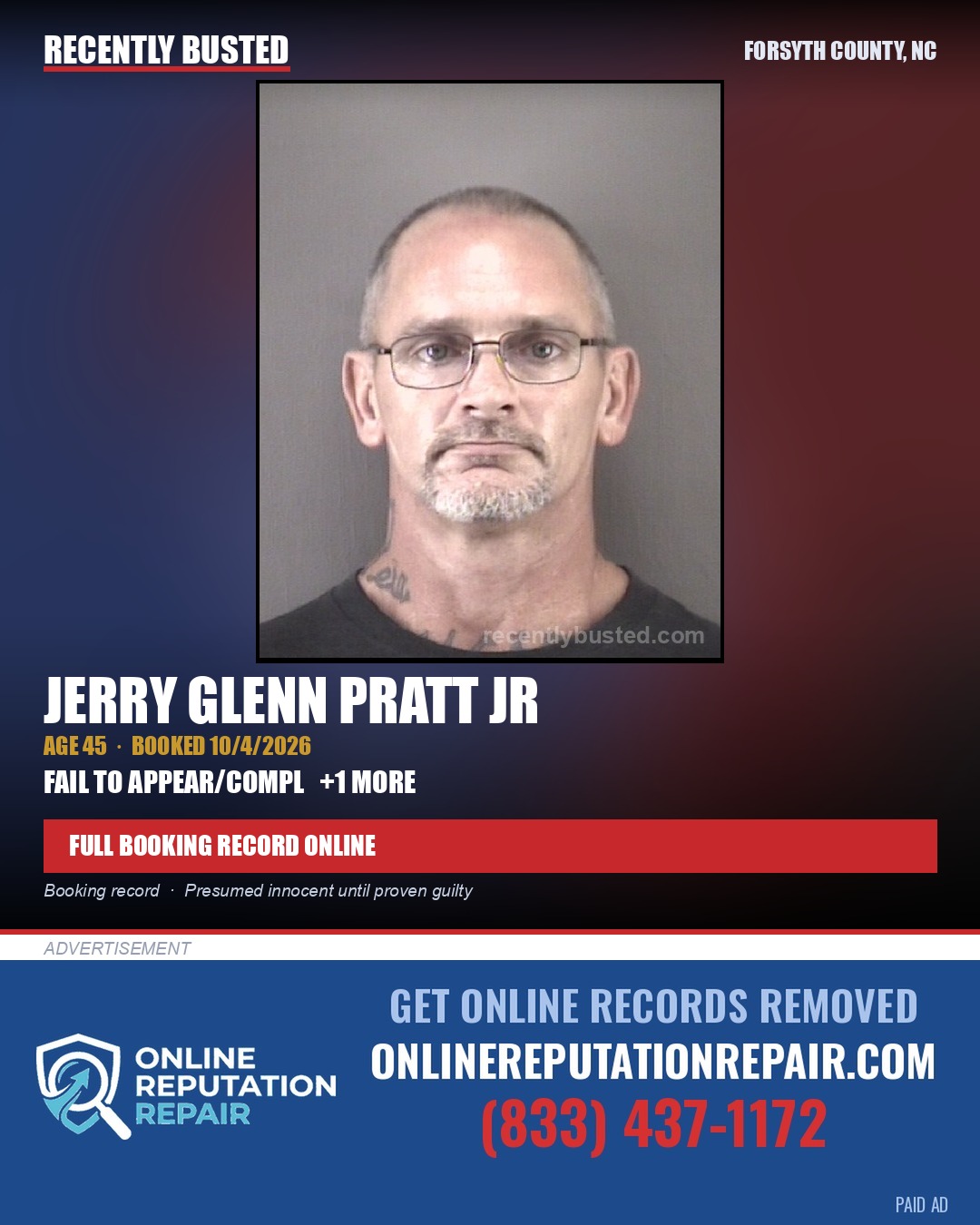 JERRY GLENN PRATT JR — arrest record card, Forsyth County, North Carolina