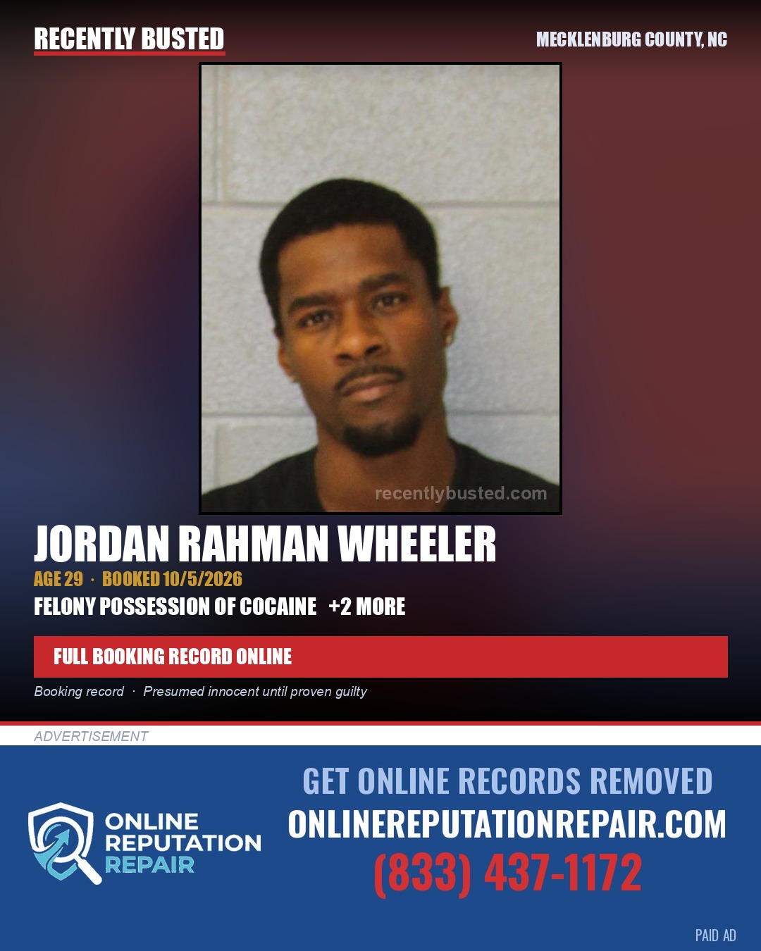 JORDAN RAHMAN WHEELER — arrest record card, Mecklenburg County, North Carolina