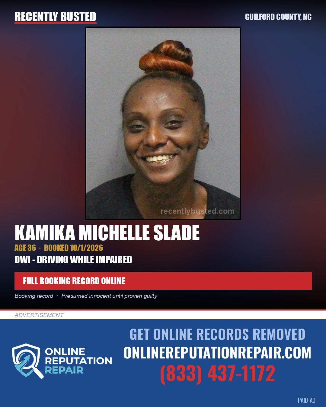 KAMIKA MICHELLE SLADE — arrest record card, Guilford County, North Carolina