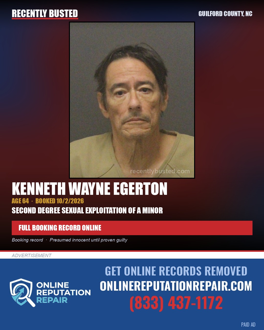KENNETH WAYNE EGERTON — arrest record card, Guilford County, North Carolina