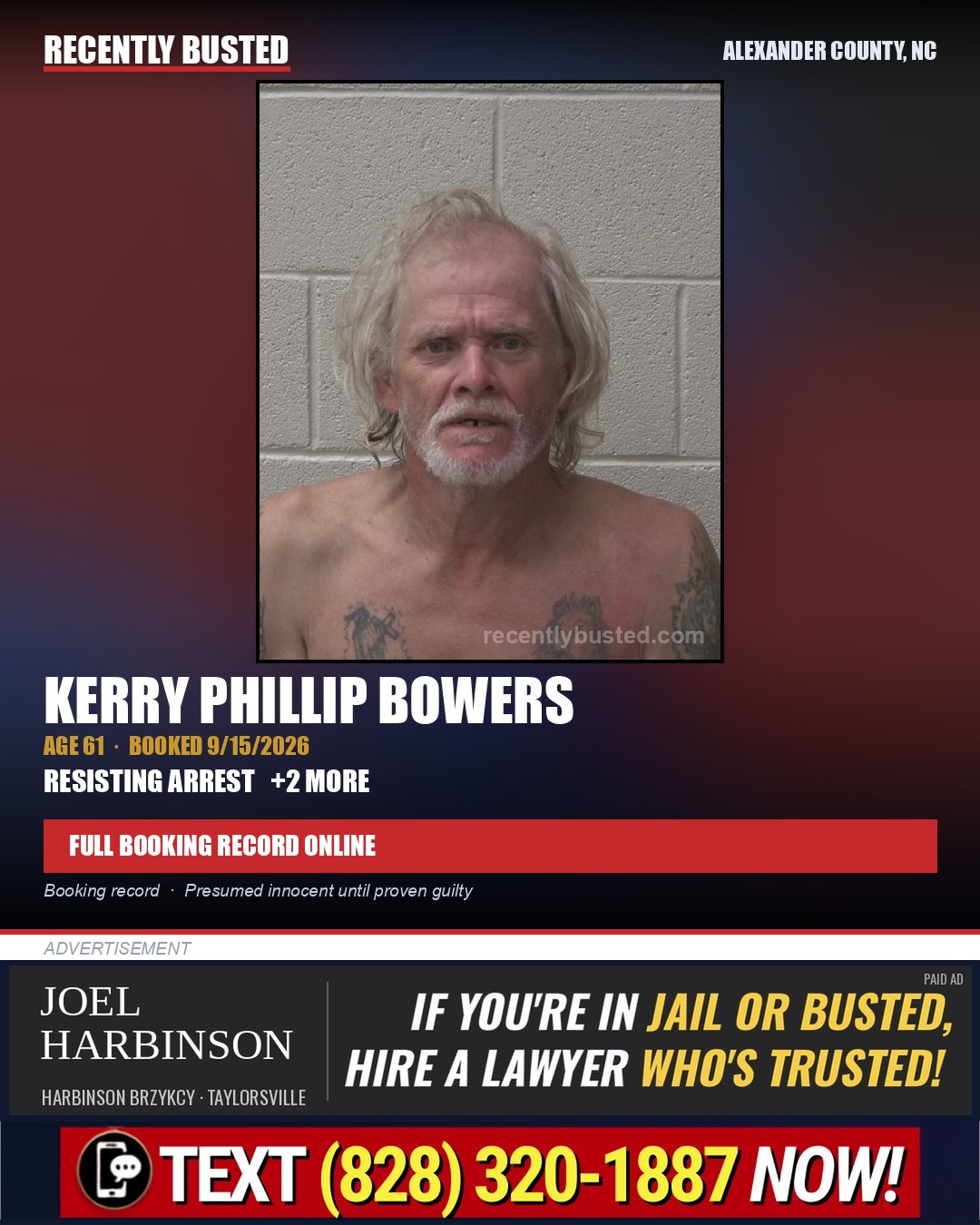 KERRY PHILLIP BOWERS — arrest record card, Alexander County, North Carolina