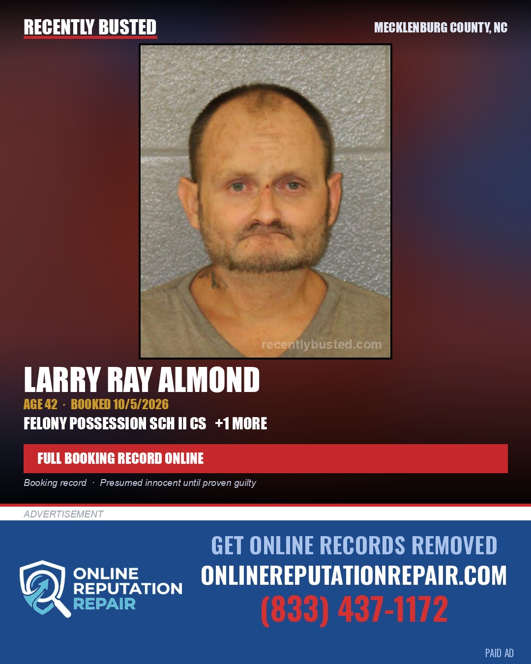 LARRY RAY ALMOND — arrest record card, Mecklenburg County, North Carolina