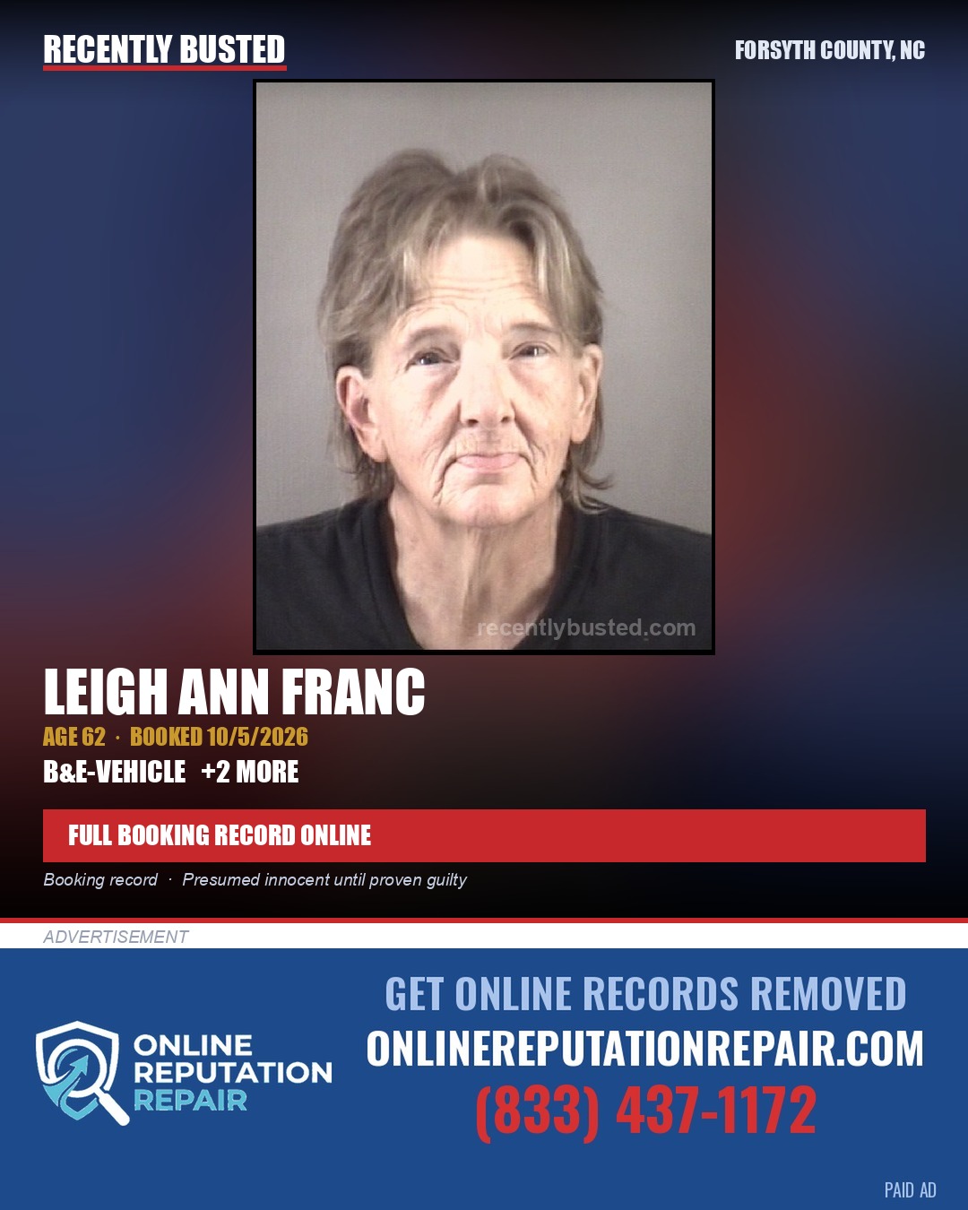 LEIGH ANN FRANC — arrest record card, Forsyth County, North Carolina