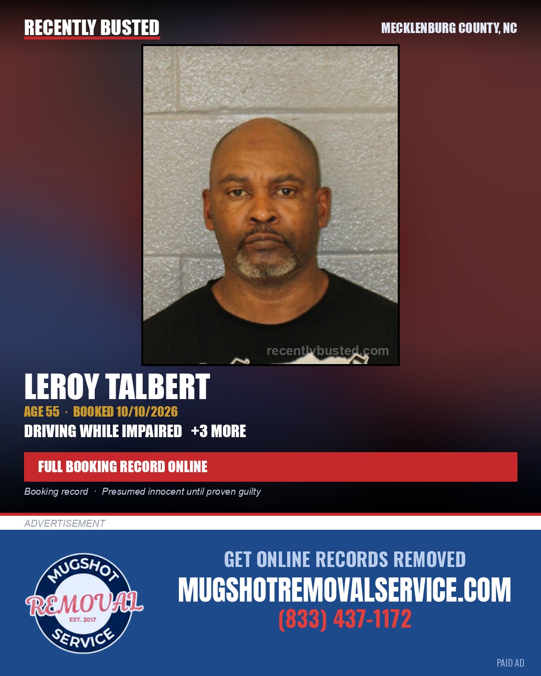 LEROY TALBERT — arrest record card, Mecklenburg County, North Carolina
