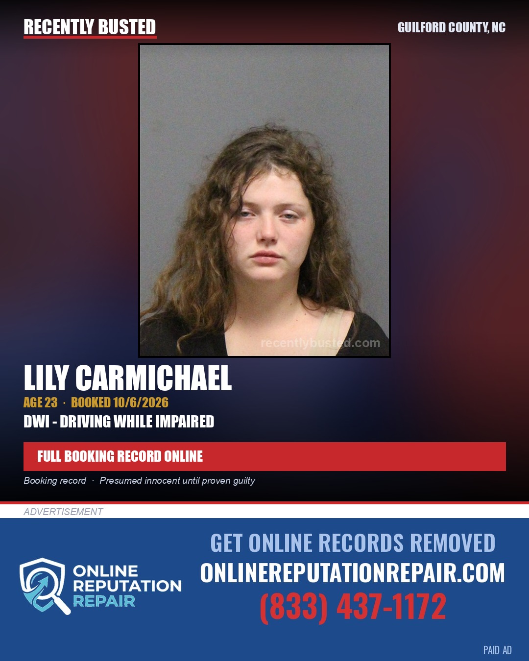 LILY CARMICHAEL — arrest record card, Guilford County, North Carolina