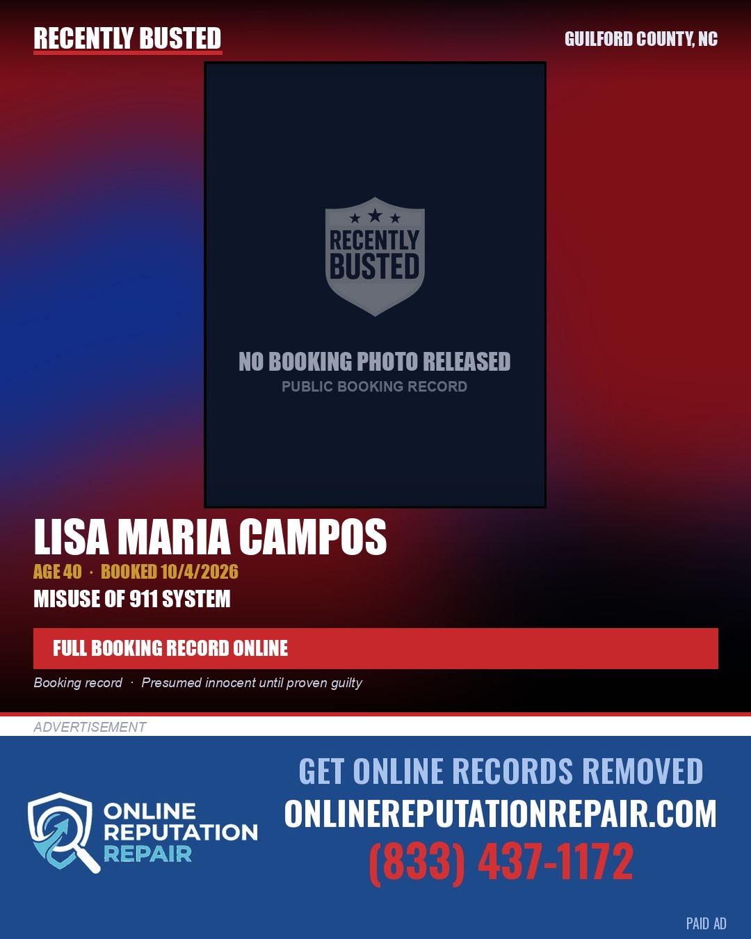 LISA MARIA CAMPOS — arrest record card, Guilford County, North Carolina