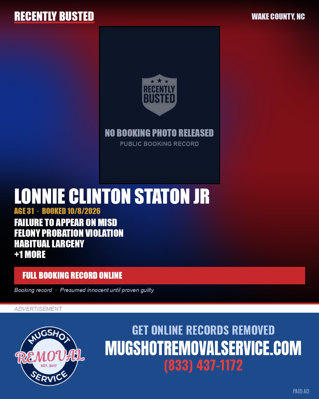 LONNIE CLINTON STATON JR — arrest record card, Wake County, North Carolina