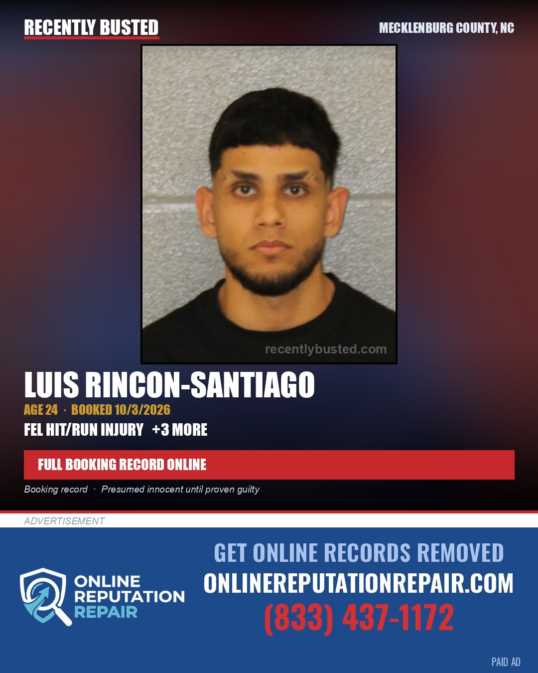 LUIS RINCON-SANTIAGO — arrest record card, Mecklenburg County, North Carolina
