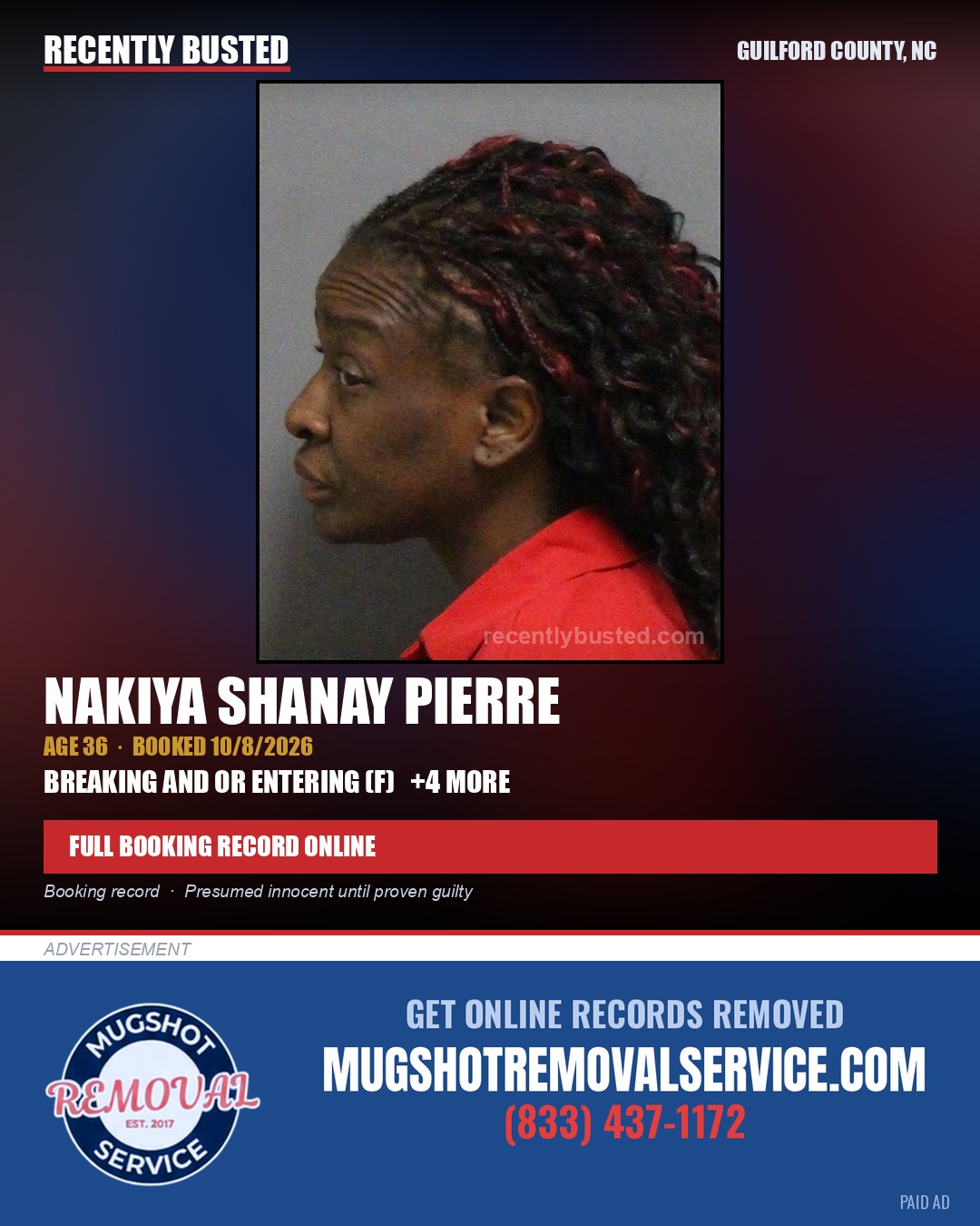 NAKIYA SHANAY PIERRE — arrest record card, Guilford County, North Carolina