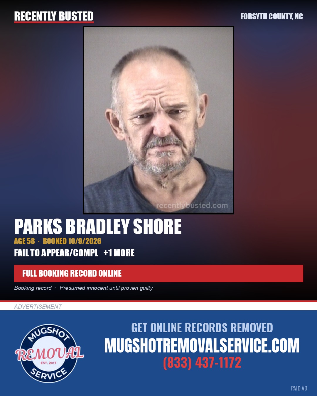 PARKS BRADLEY SHORE — arrest record card, Forsyth County, North Carolina