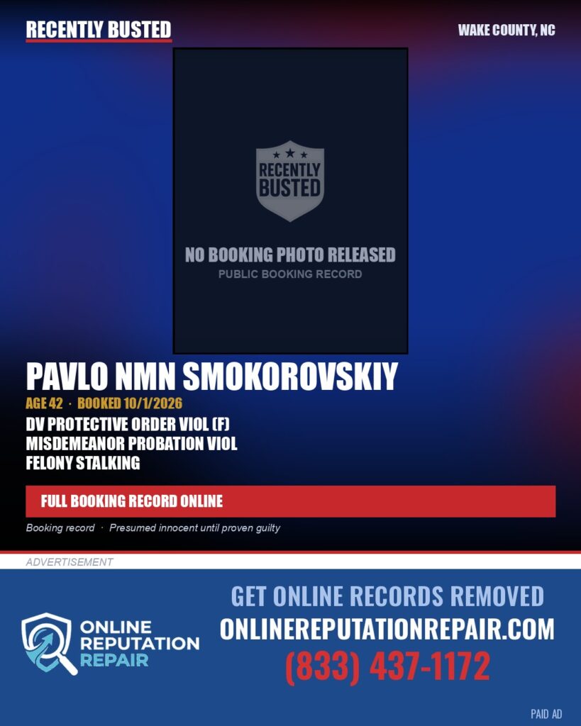 PAVLO NMN SMOKOROVSKIY — arrest record card, Wake County, North Carolina