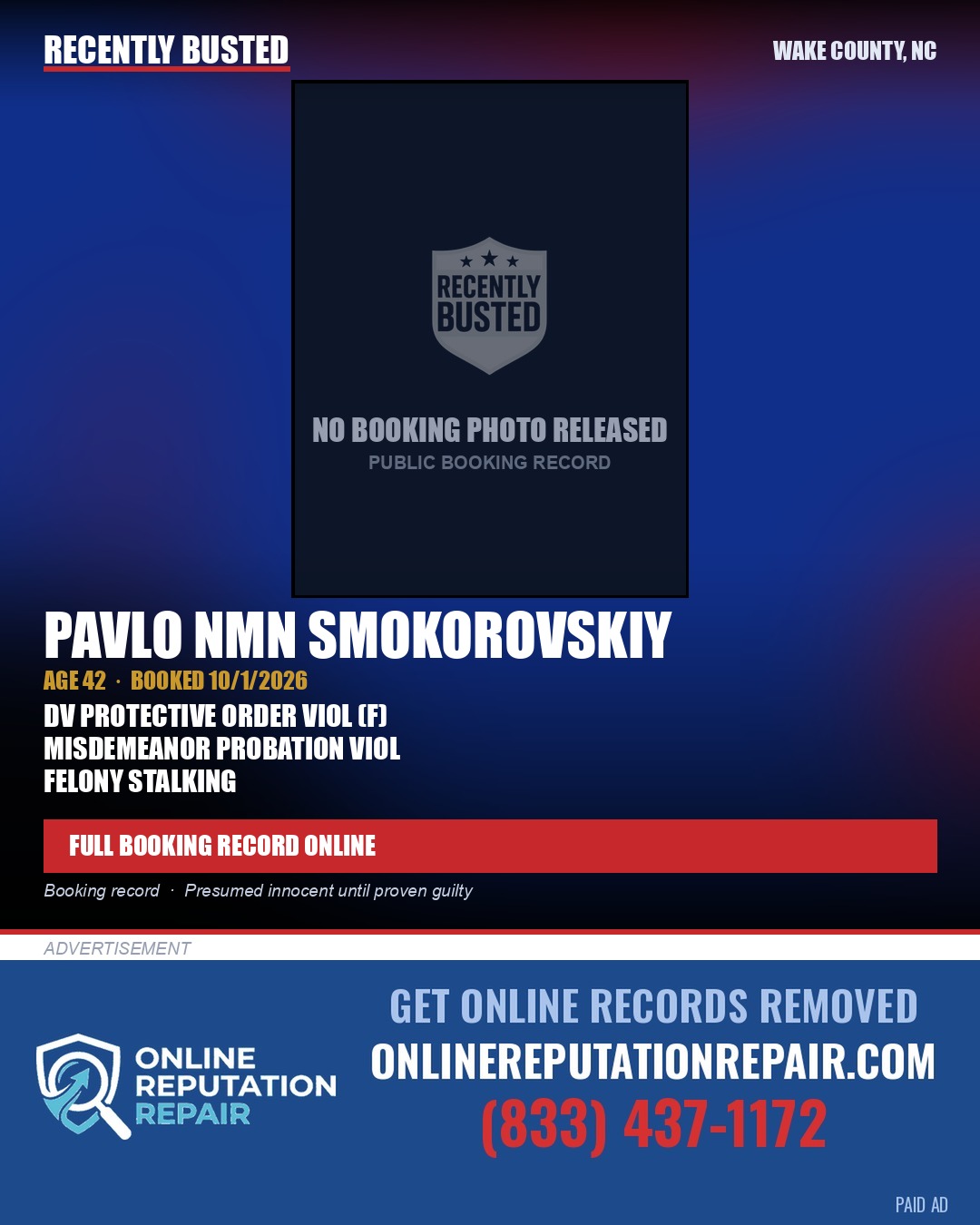 PAVLO NMN SMOKOROVSKIY — arrest record card, Wake County, North Carolina