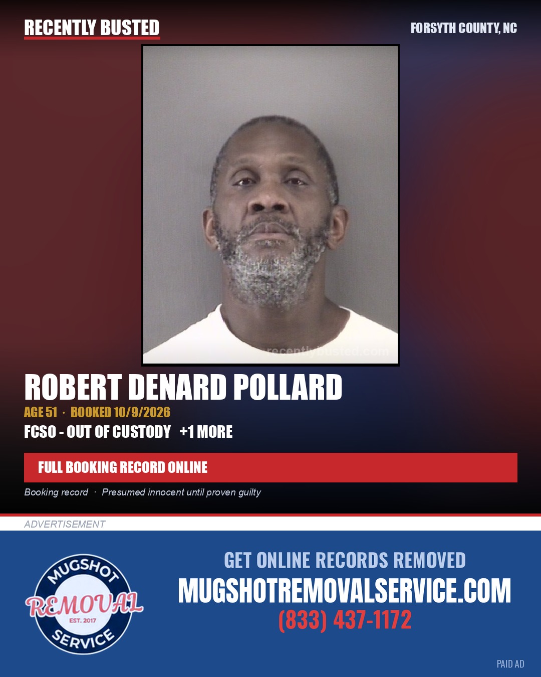 ROBERT DENARD POLLARD — arrest record card, Forsyth County, North Carolina