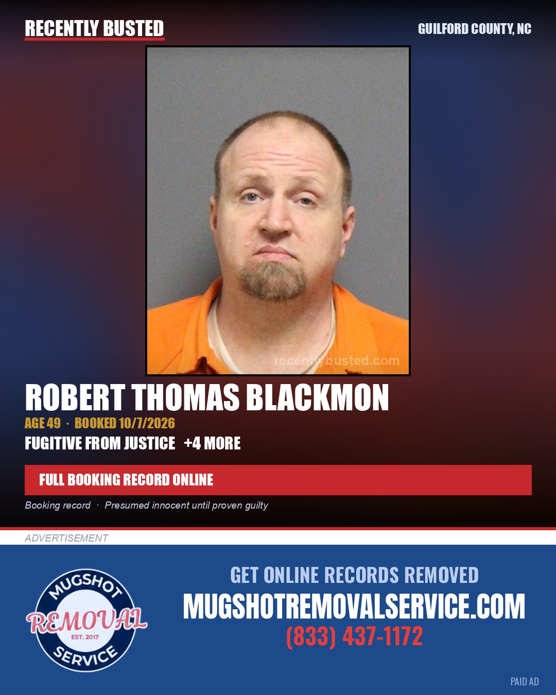 ROBERT THOMAS BLACKMON — arrest record card, Guilford County, North Carolina