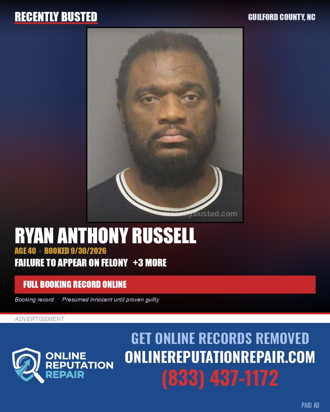 RYAN ANTHONY RUSSELL — arrest record card, Guilford County, North Carolina