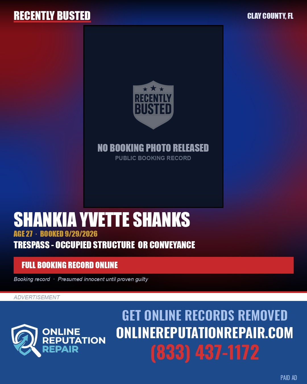 SHANKIA YVETTE SHANKS — arrest record card, Clay County, Florida