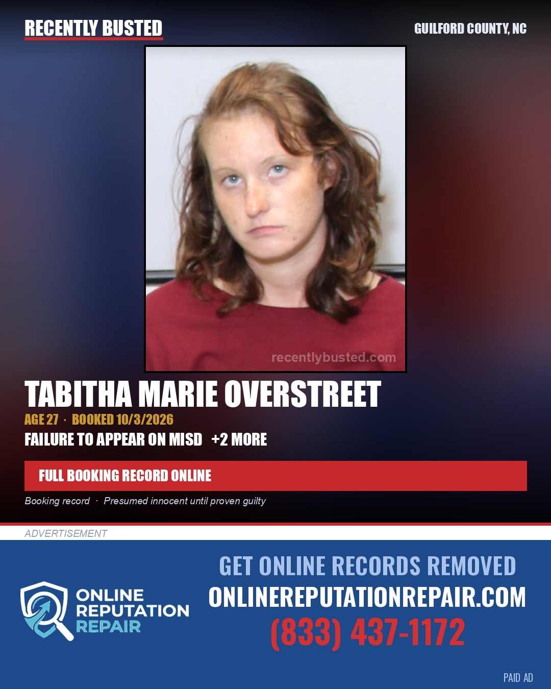 TABITHA MARIE OVERSTREET — arrest record card, Guilford County, North Carolina