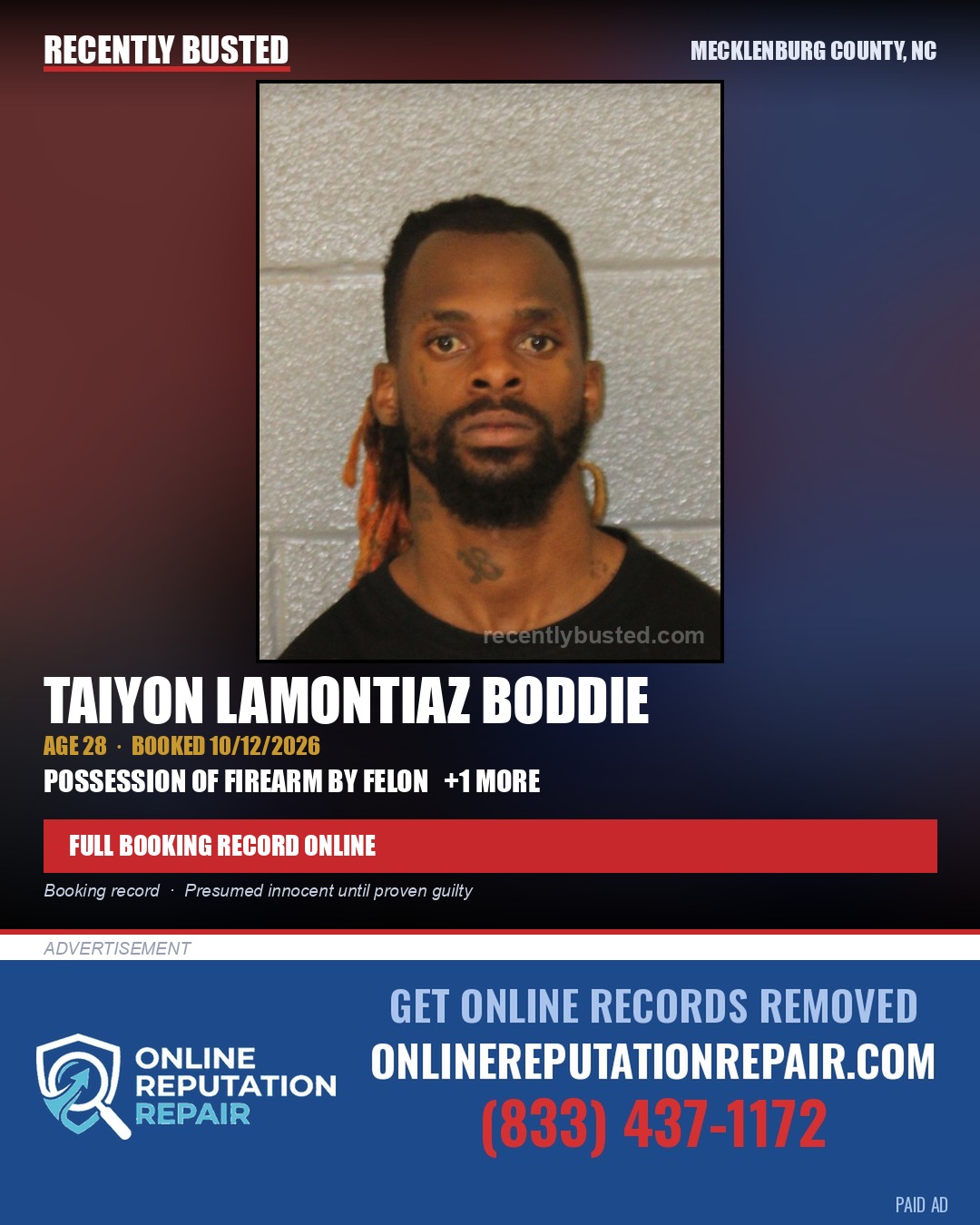 TAIYON LAMONTIAZ BODDIE — arrest record card, Mecklenburg County, North Carolina