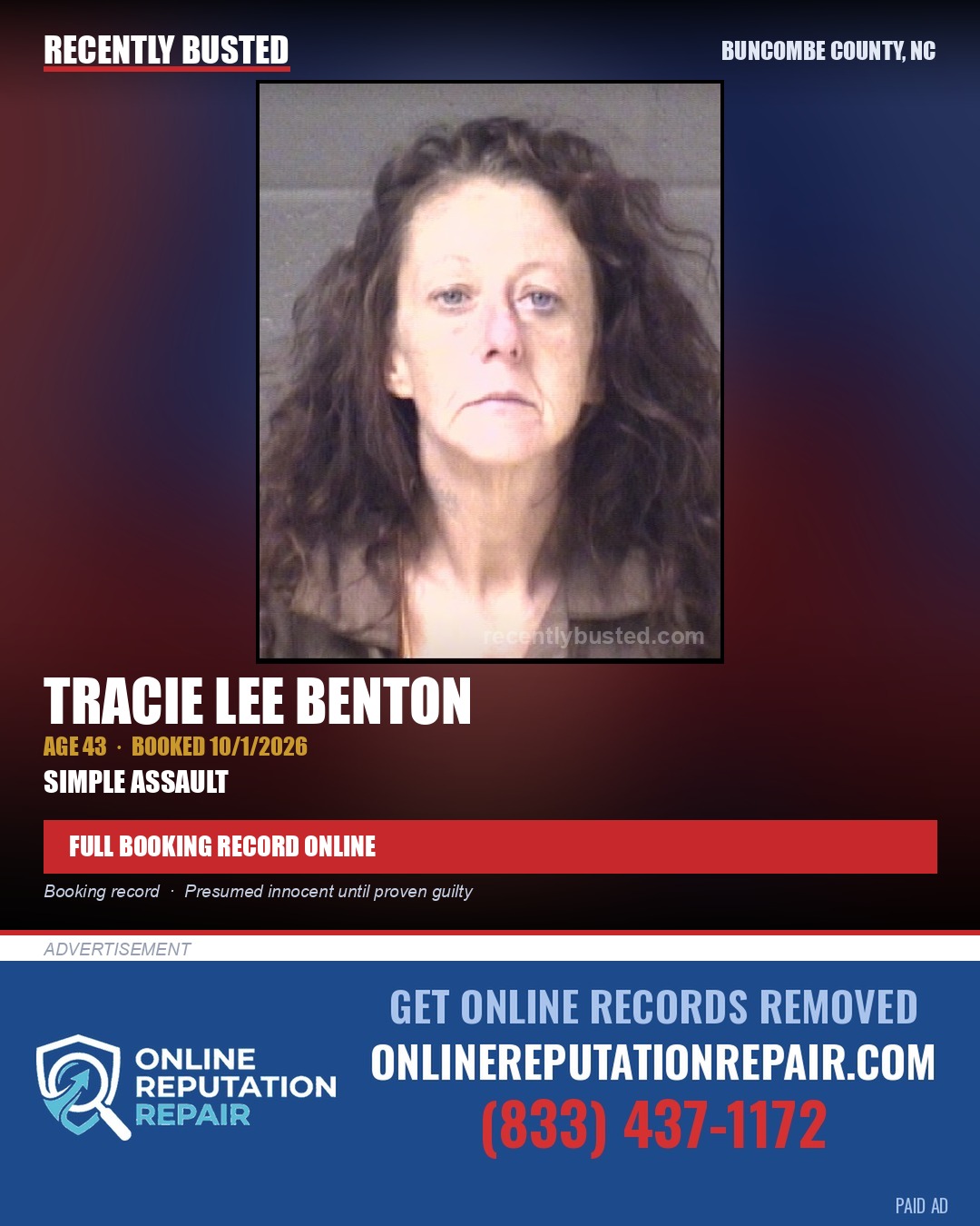 TRACIE LEE BENTON — arrest record card, Buncombe County, North Carolina