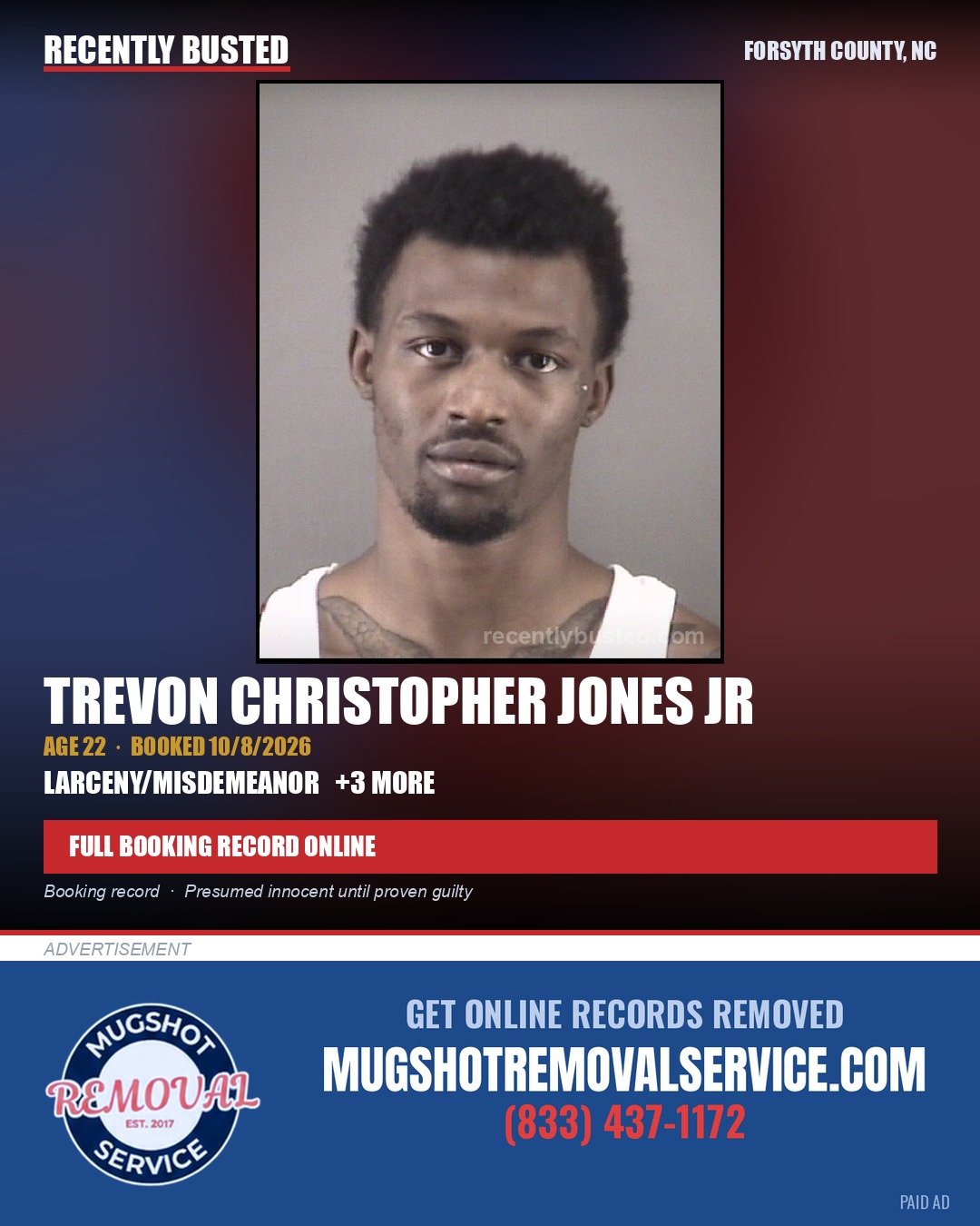 TREVON CHRISTOPHER JONES JR — arrest record card, Forsyth County, North Carolina