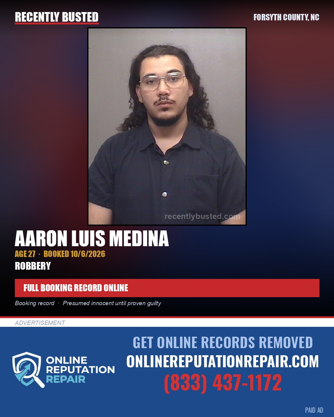 AARON LUIS MEDINA — arrest record card, Forsyth County, North Carolina