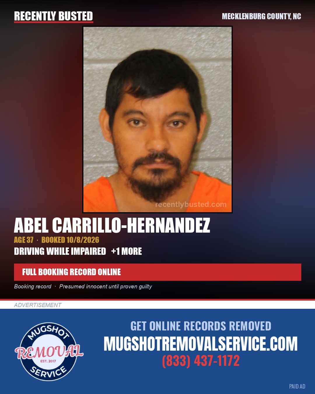 ABEL CARRILLO-HERNANDEZ — arrest record card, Mecklenburg County, North Carolina