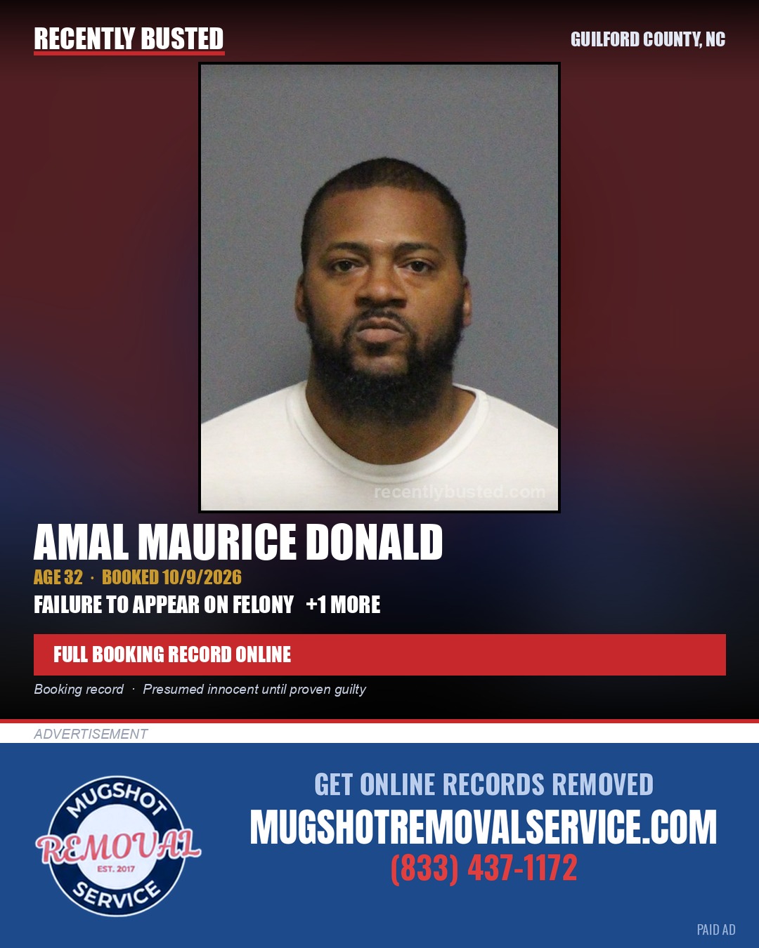 AMAL MAURICE DONALD — arrest record card, Guilford County, North Carolina