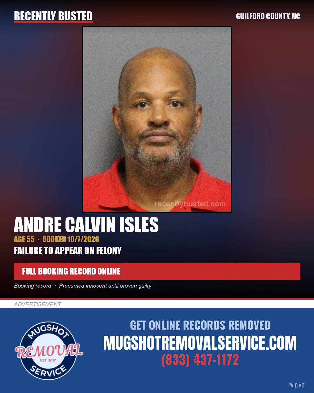 ANDRE CALVIN ISLES — arrest record card, Guilford County, North Carolina