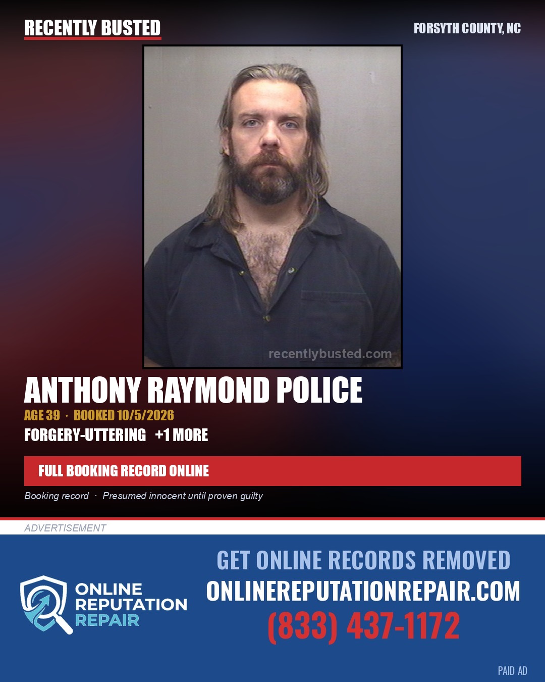 ANTHONY RAYMOND POLICE — arrest record card, Forsyth County, North Carolina