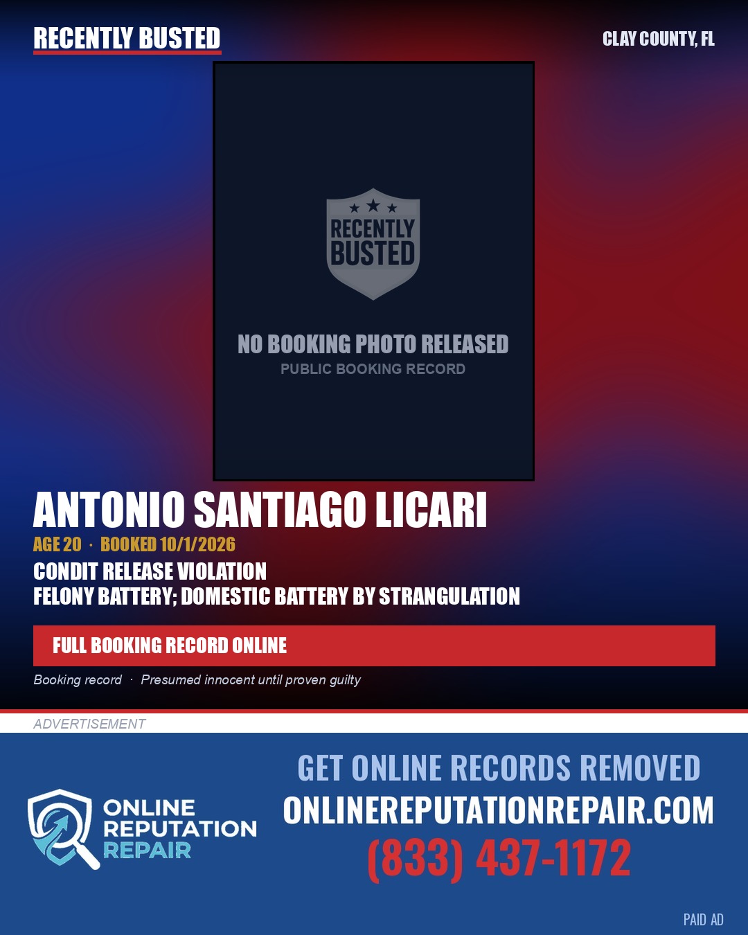 ANTONIO SANTIAGO LICARI — arrest record card, Clay County, Florida