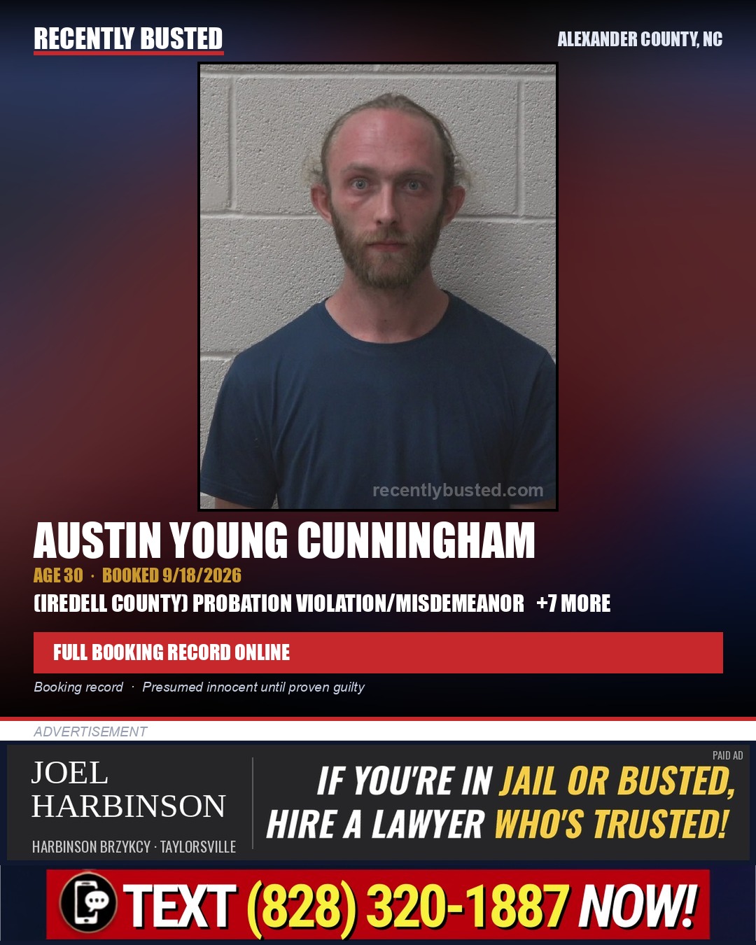AUSTIN YOUNG CUNNINGHAM — arrest record card, Alexander County, North Carolina