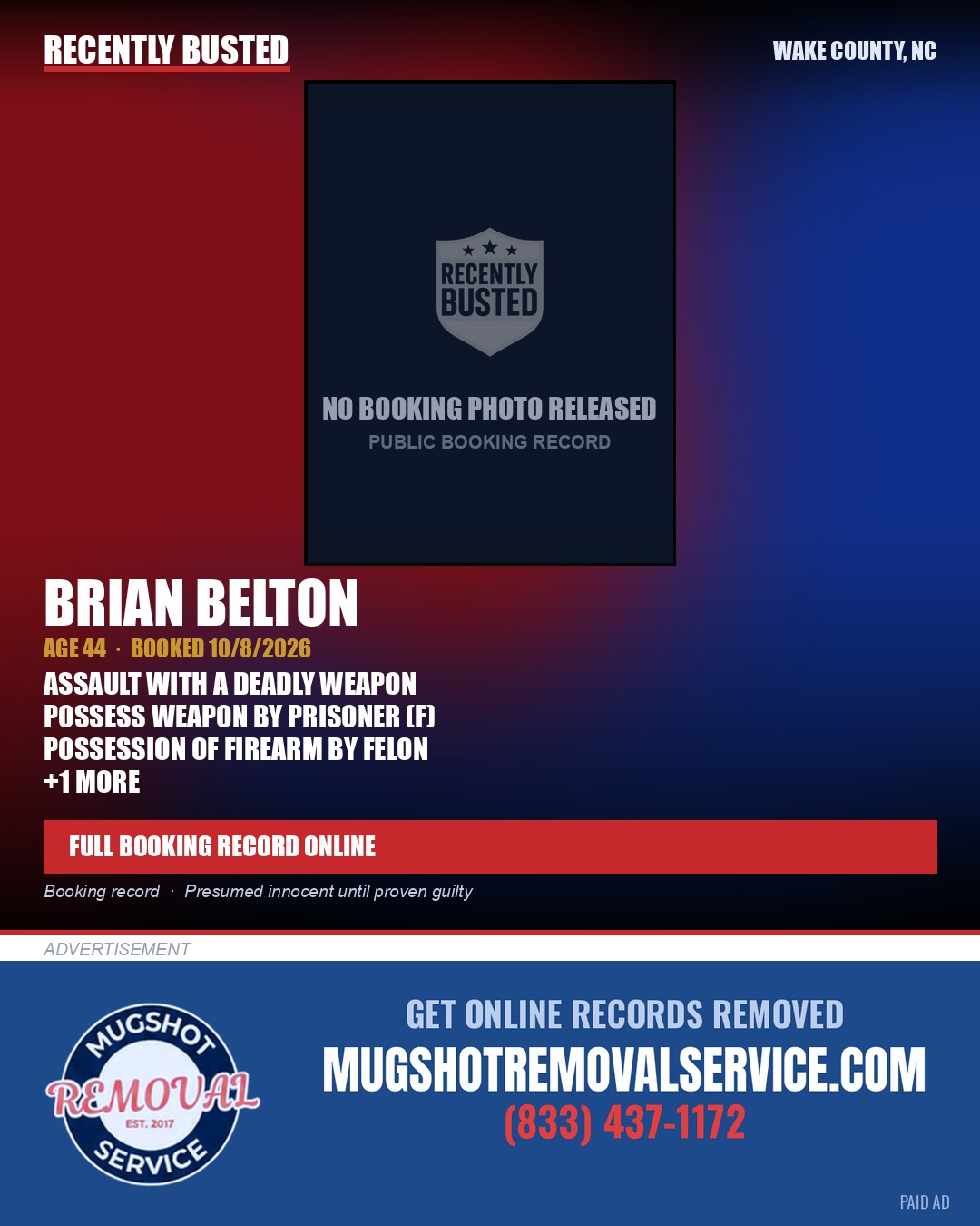 BRIAN BELTON — arrest record card, Wake County, North Carolina