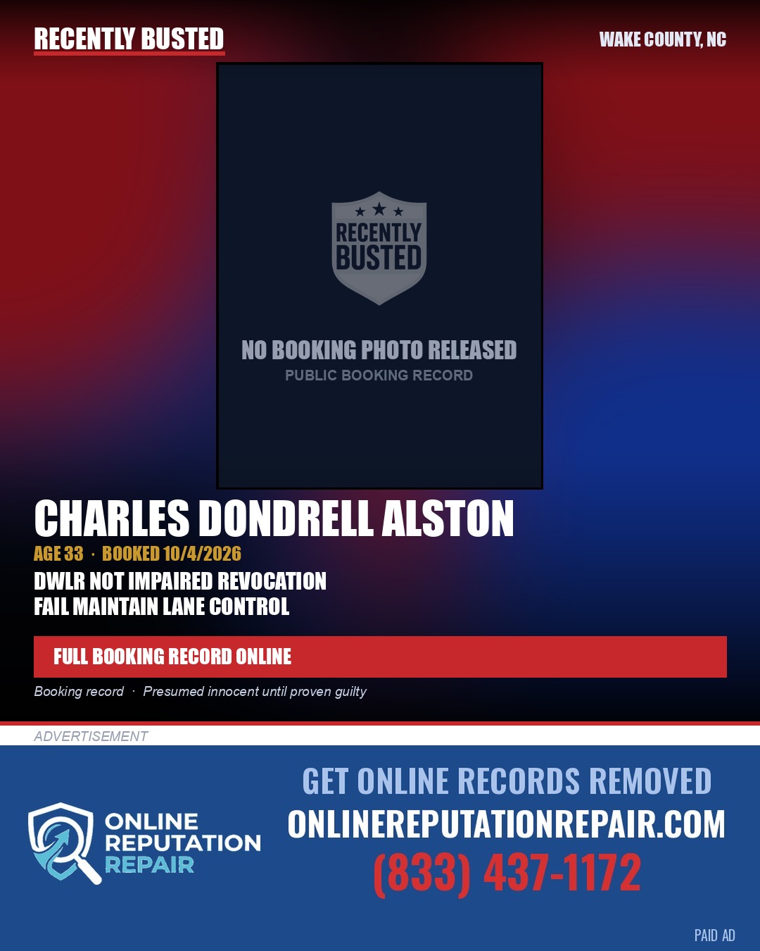 CHARLES DONDRELL ALSTON — arrest record card, Wake County, North Carolina