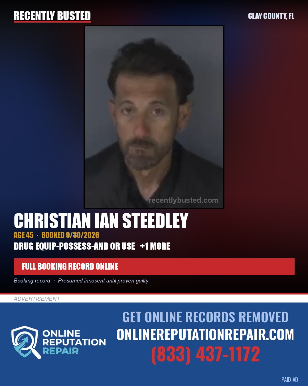 CHRISTIAN IAN STEEDLEY — arrest record card, Clay County, Florida