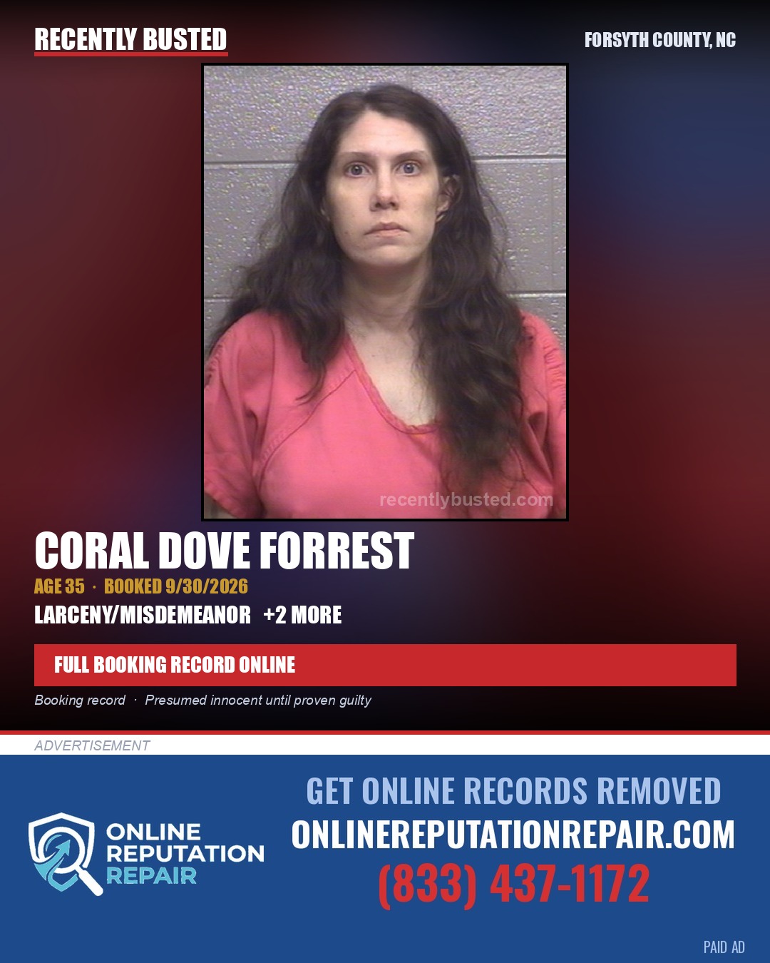 CORAL DOVE FORREST — arrest record card, Forsyth County, North Carolina