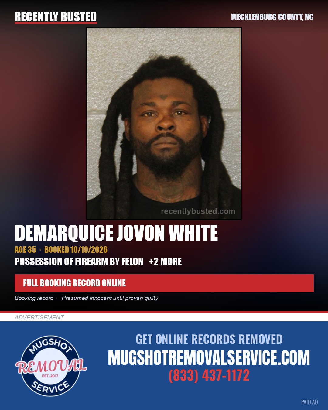 DEMARQUICE JOVON WHITE — arrest record card, Mecklenburg County, North Carolina