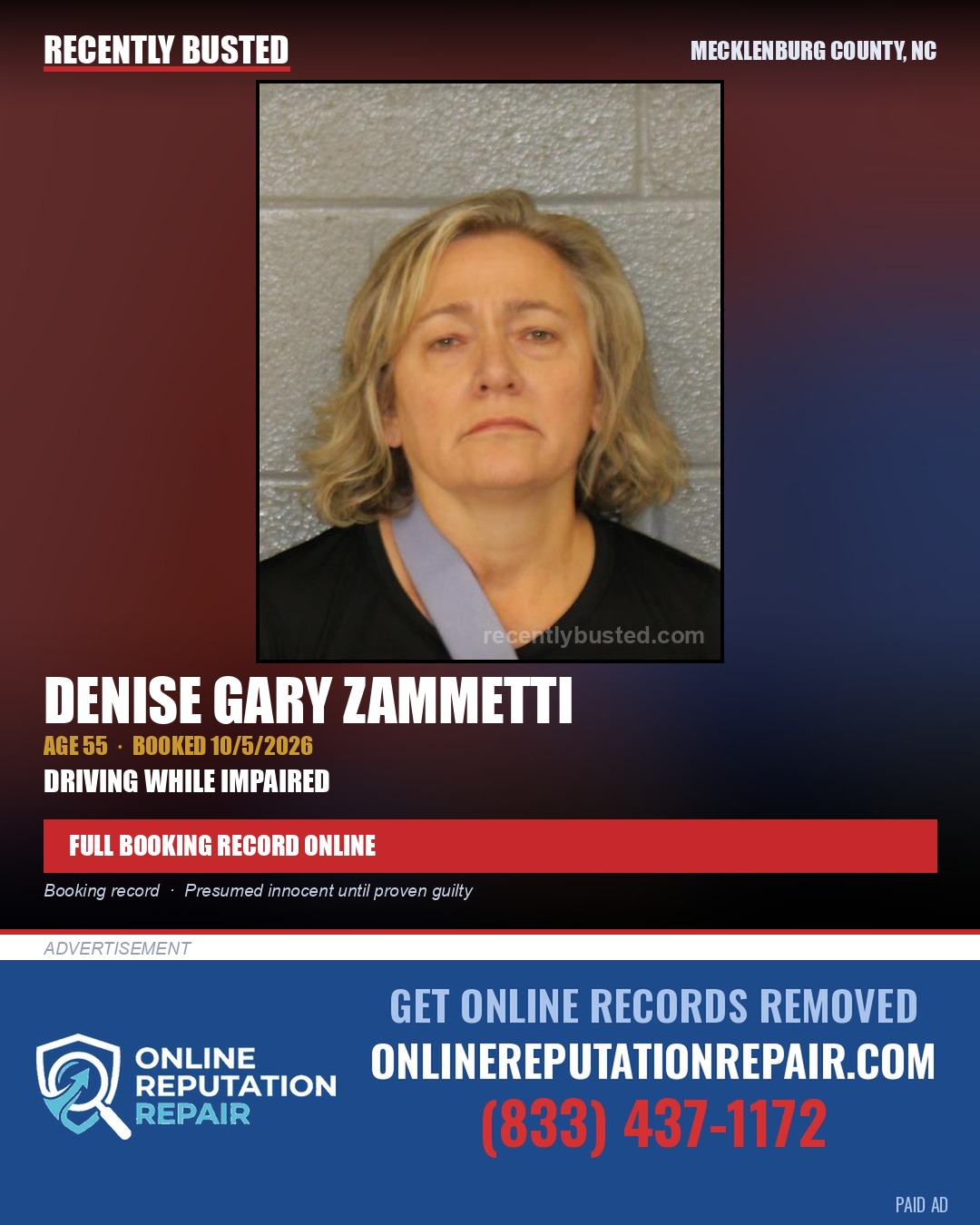 DENISE GARY ZAMMETTI — arrest record card, Mecklenburg County, North Carolina