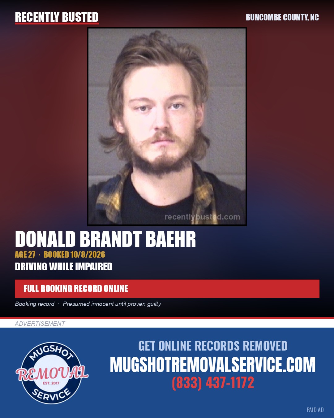 DONALD BRANDT BAEHR — arrest record card, Buncombe County, North Carolina