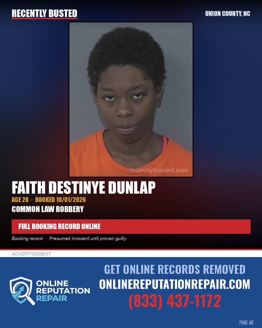 DUNLAP, FAITH DESTINYE — arrest record card, Union County, North Carolina