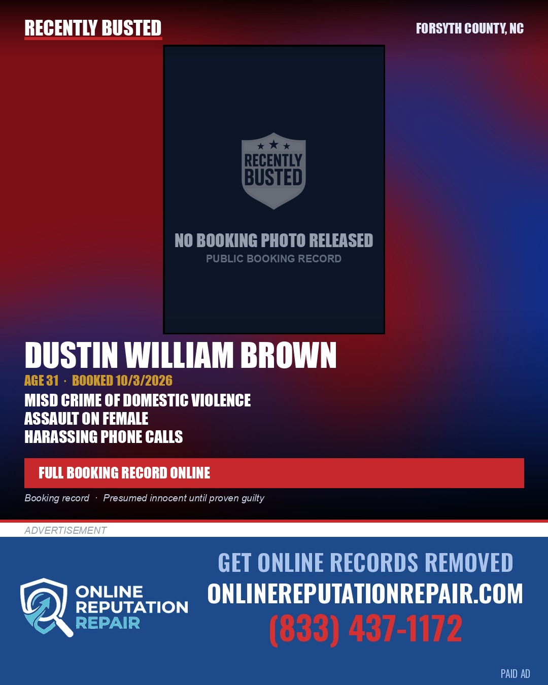 DUSTIN WILLIAM BROWN — arrest record card, Forsyth County, North Carolina