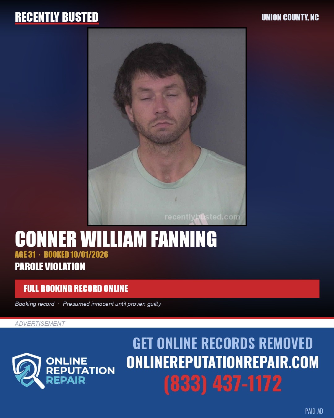 FANNING, CONNER WILLIAM — arrest record card, Union County, North Carolina
