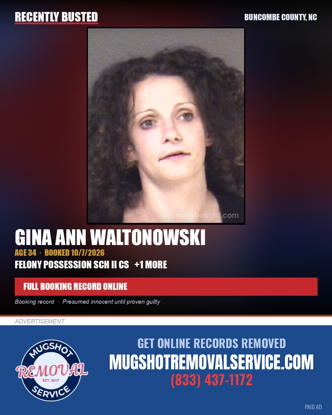 GINA ANN WALTONOWSKI — arrest record card, Buncombe County, North Carolina