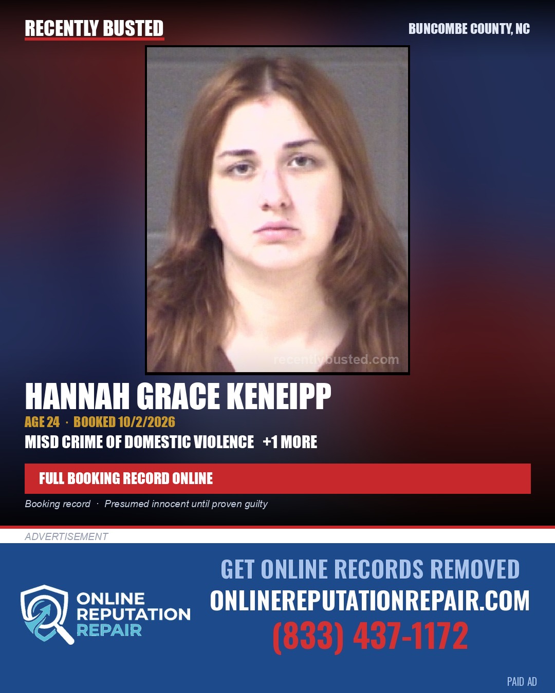 HANNAH GRACE KENEIPP — arrest record card, Buncombe County, North Carolina