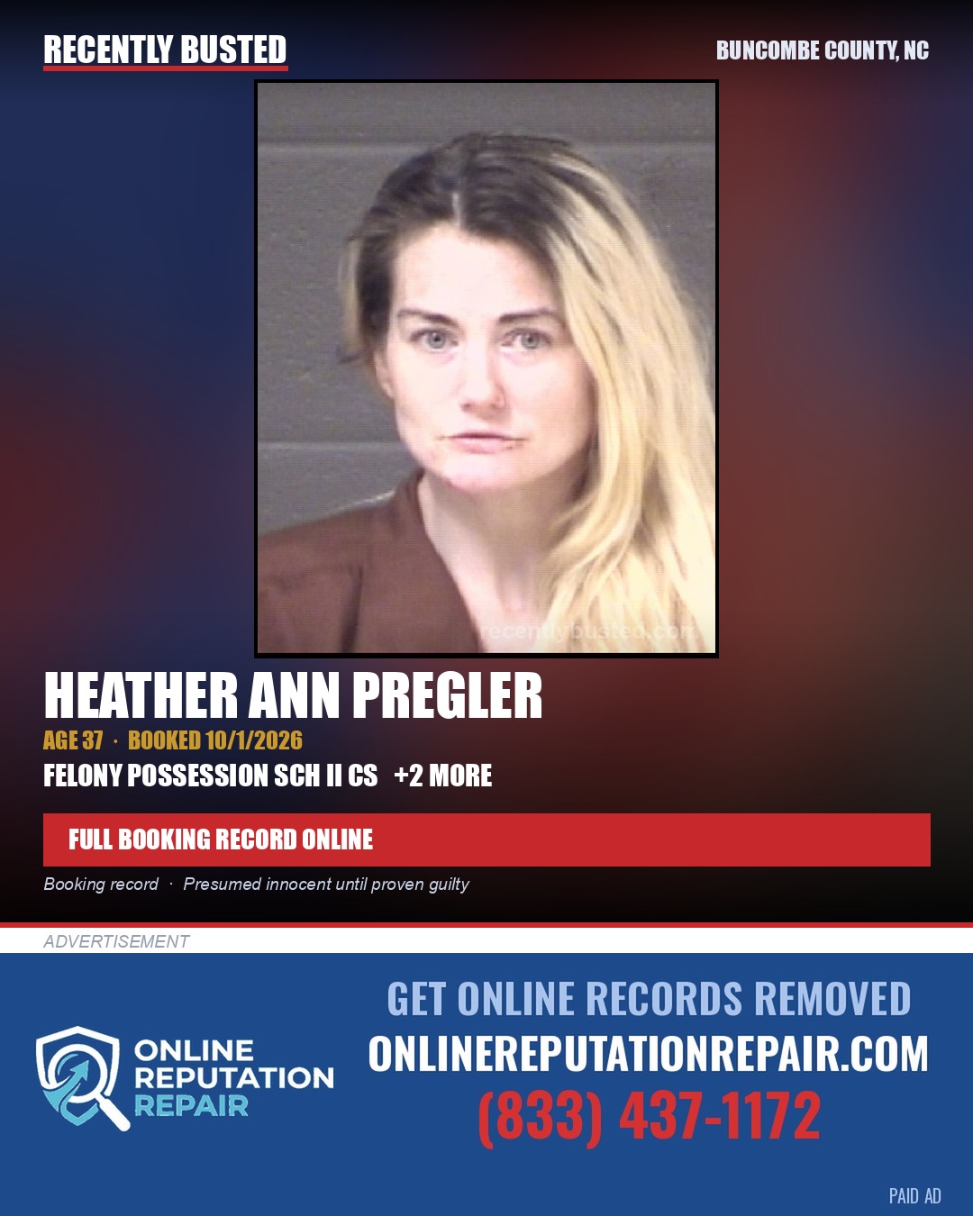 HEATHER ANN PREGLER — arrest record card, Buncombe County, North Carolina