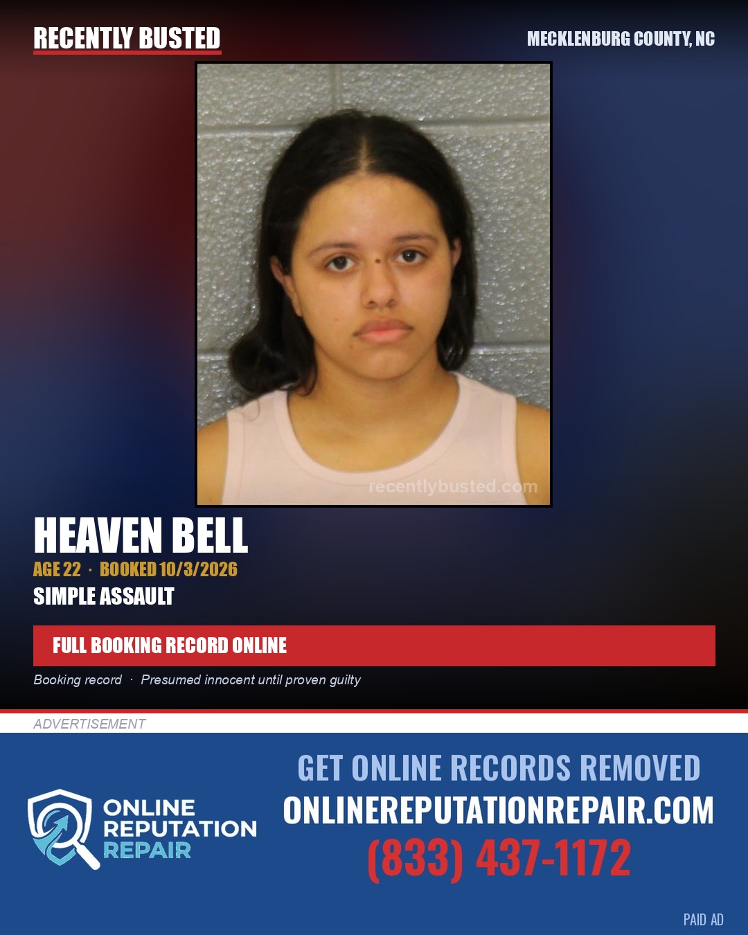 HEAVEN BELL — arrest record card, Mecklenburg County, North Carolina