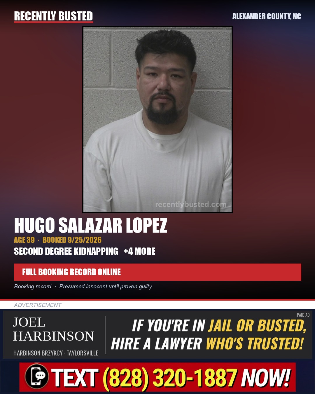 HUGO SALAZAR LOPEZ — arrest record card, Alexander County, North Carolina