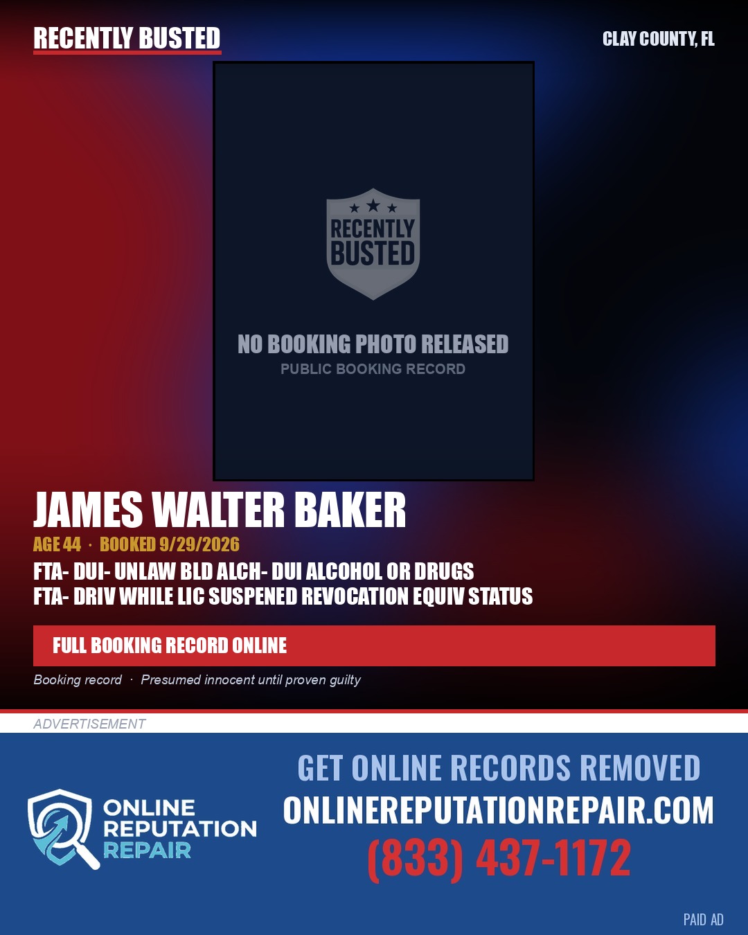 JAMES WALTER BAKER — arrest record card, Clay County, Florida